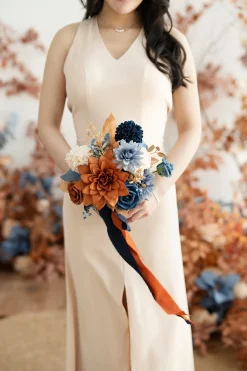 Round Bridesmaid Bouquets in Russet Orange & Denim Blue
