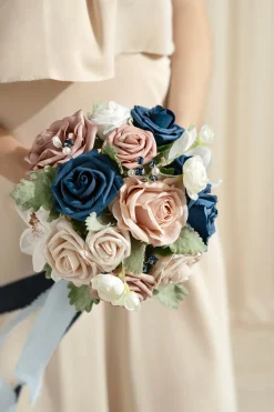 Round Bridesmaid Bouquets in Dusty Rose & Navy