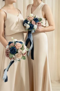 Round Bridesmaid Bouquets in Dusty Rose & Navy