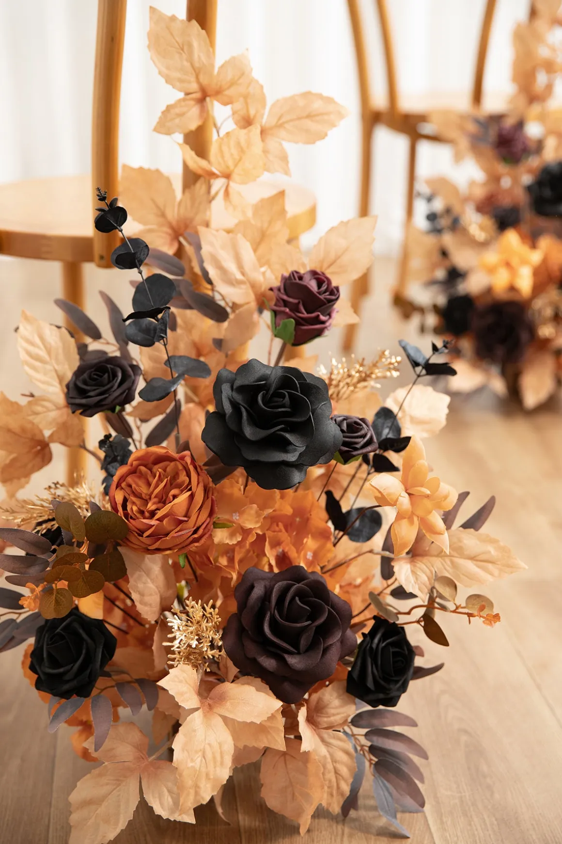 Set of 2 Wedding Aisle Runner Flower Arrangements in Black & Terracotta
