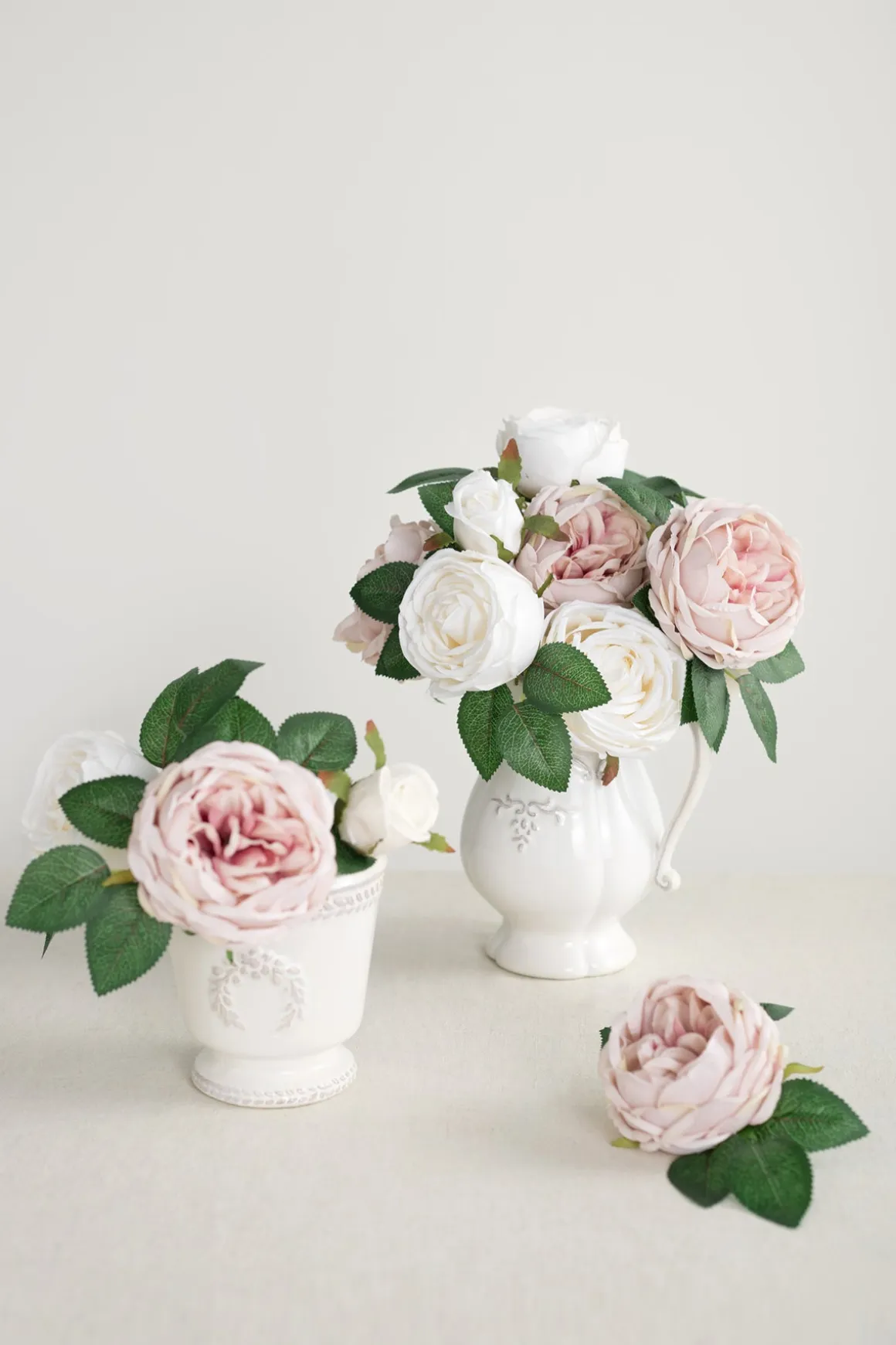 3.5" Silk Austin Rose & 3" Cabbage Rose with Stem
