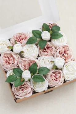 3.5" Silk Austin Rose & 3" Cabbage Rose with Stem - Dusty Rose