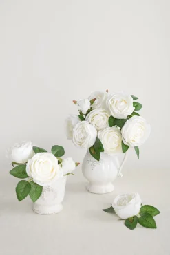 3.5" Silk Austin Rose & 3" Cabbage Rose with Stem - Ivory