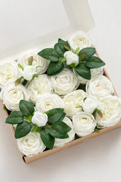 3.5" Silk Austin Rose & 3" Cabbage Rose with Stem - Ivory