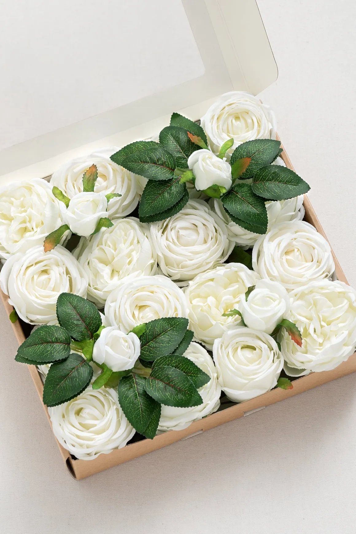 3.5" Silk Austin Rose & 3" Cabbage Rose with Stem - Ivory