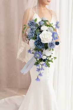Small Cascade Bridal Bouquet in Dusty Blue & Ivory