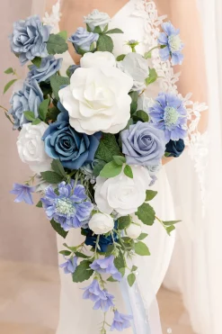 Small Cascade Bridal Bouquet in Dusty Blue & Ivory