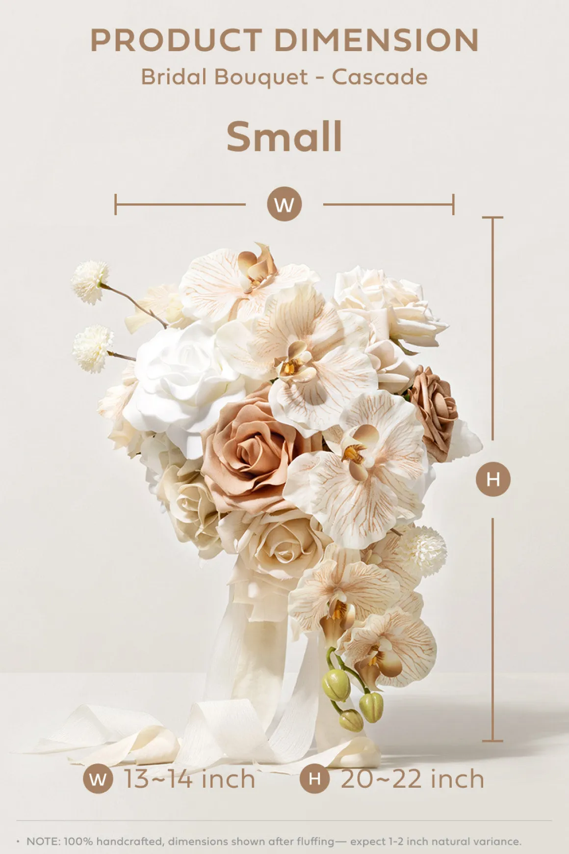 Small Cascade Bridal Bouquet in Tawny Beige & Sand Beige