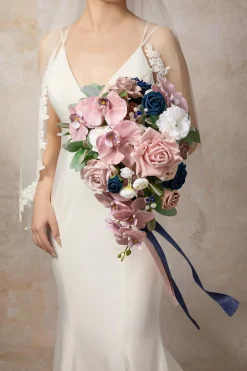 Small Cascade Bridal Bouquet in Dusty Rose & Navy