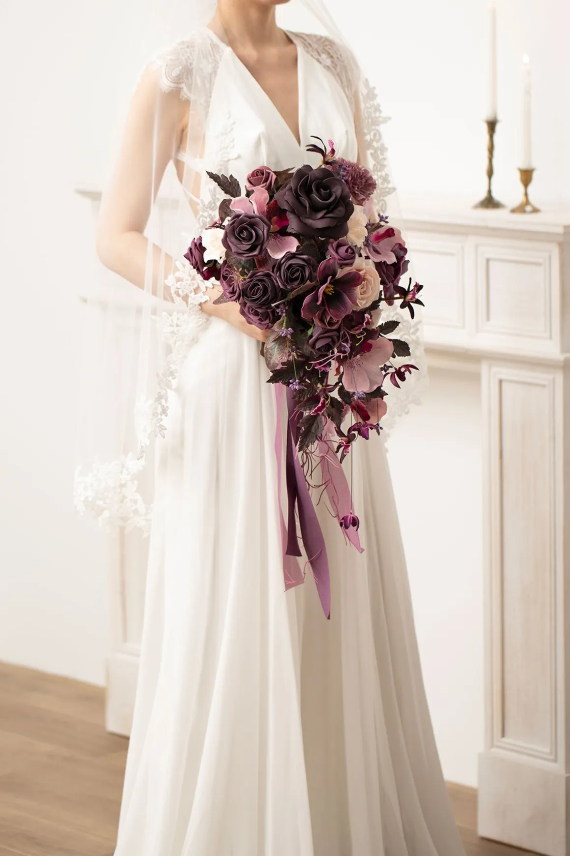 Small Cascade Bridal Bouquet in Plum Velvet Wedding | Clearance