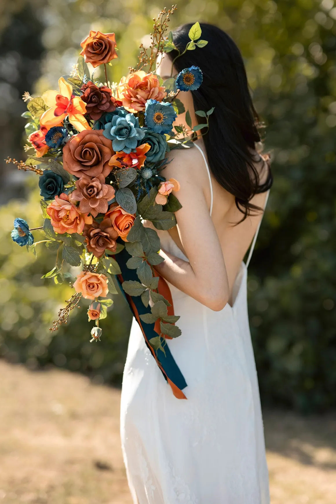 Small Cascade Bridal Bouquet in Dark Teal & Burnt Orange
