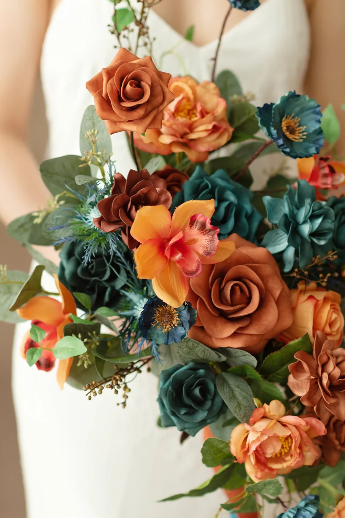 Small Cascade Bridal Bouquet in Dark Teal & Burnt Orange