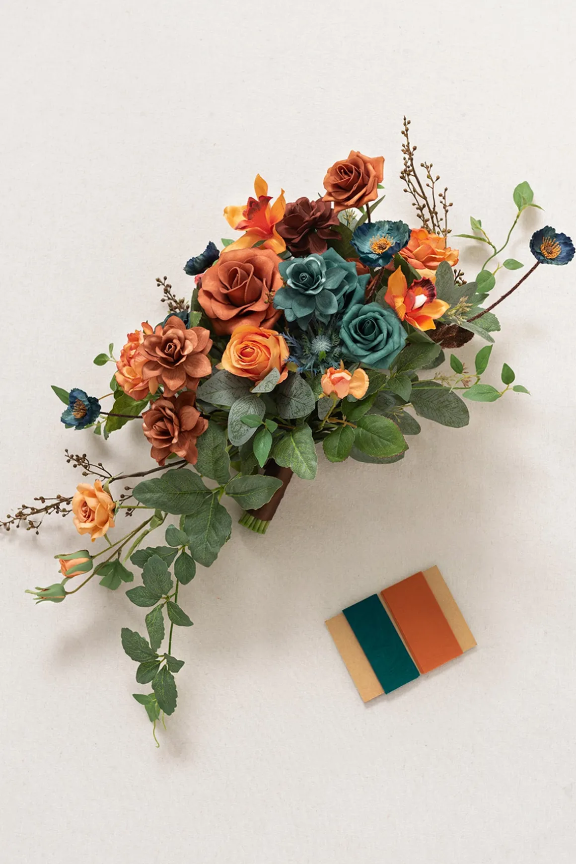 Small Cascade Bridal Bouquet in Dark Teal & Burnt Orange