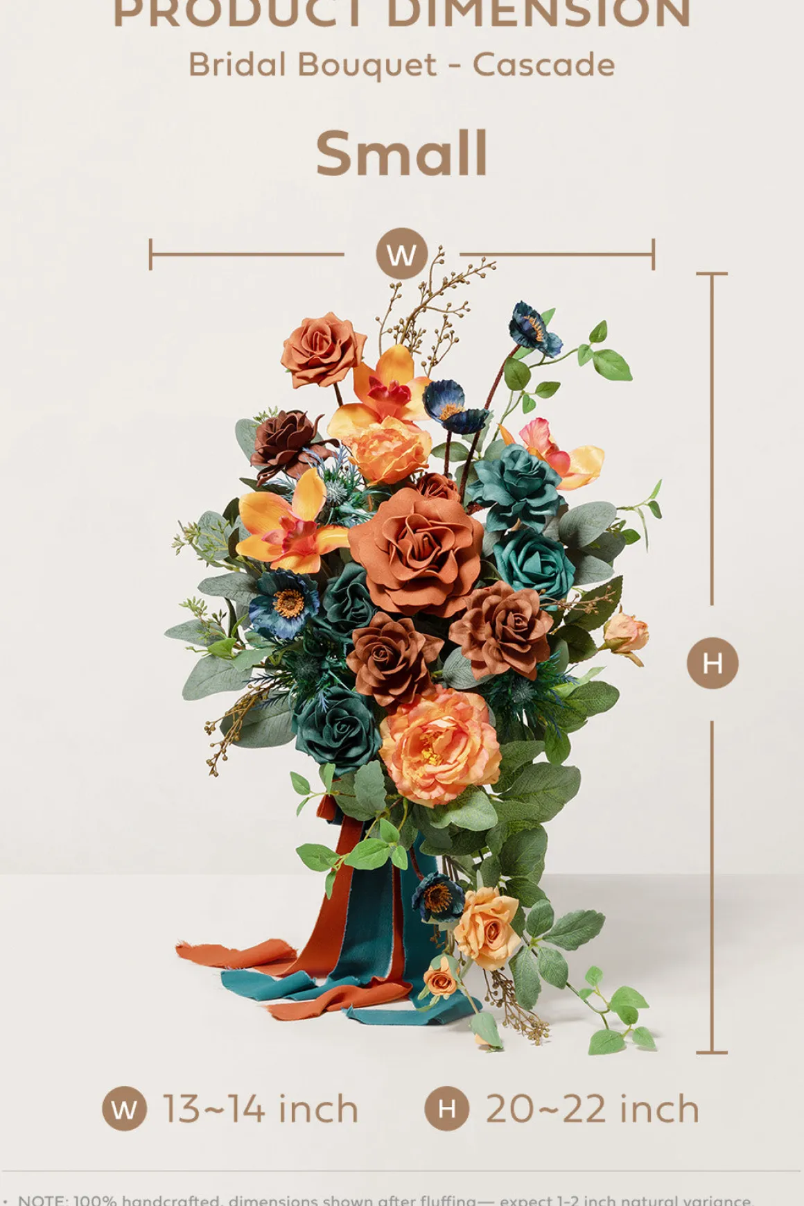 Small Cascade Bridal Bouquet in Dark Teal & Burnt Orange