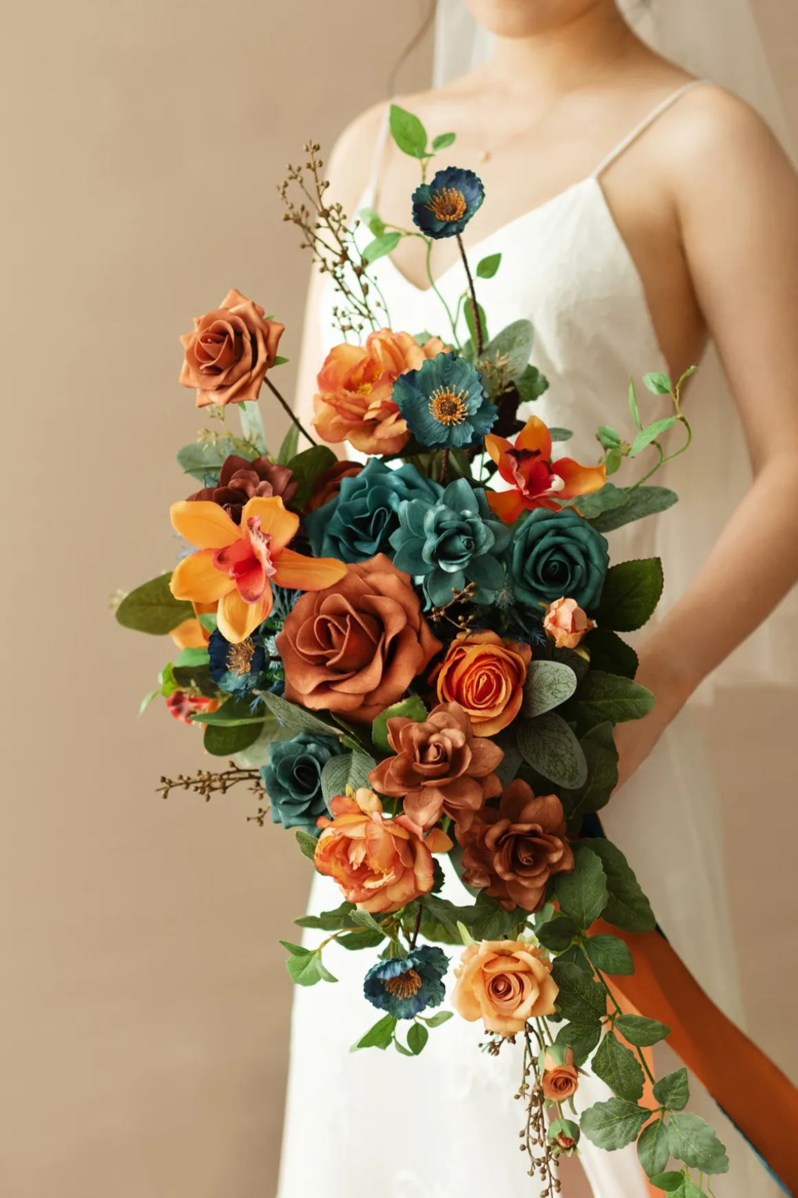 Small Cascade Bridal Bouquet in Dark Teal & Burnt Orange