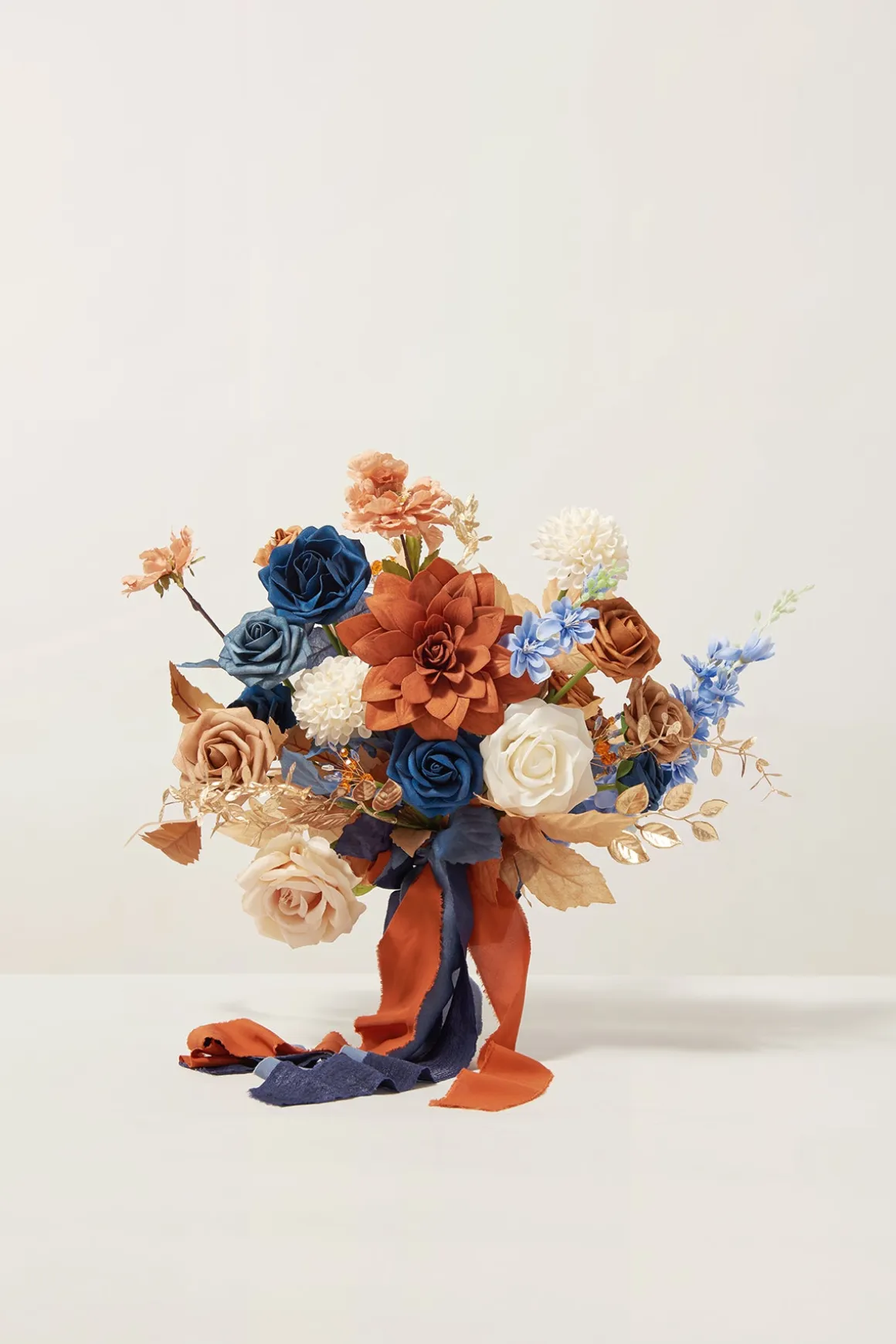 Small Free-Form Bridal Bouquet in Russet Orange & Denim Blue