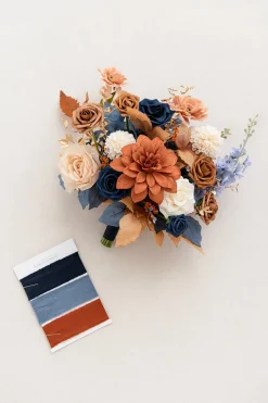 Small Free-Form Bridal Bouquet in Russet Orange & Denim Blue