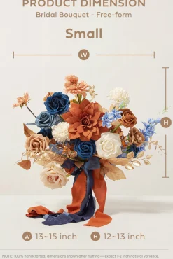 Small Free-Form Bridal Bouquet in Russet Orange & Denim Blue