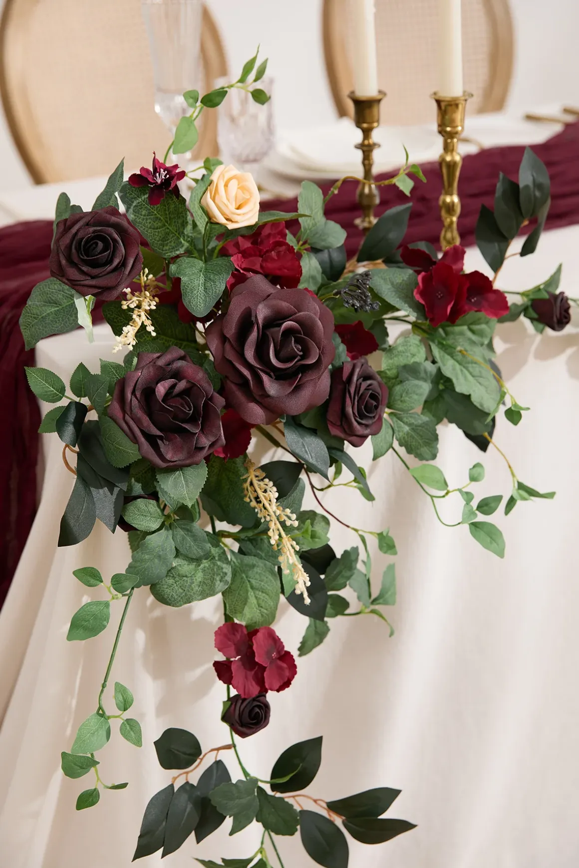 Sweetheart Table Floral Swags in Bordeaux Red & Wine