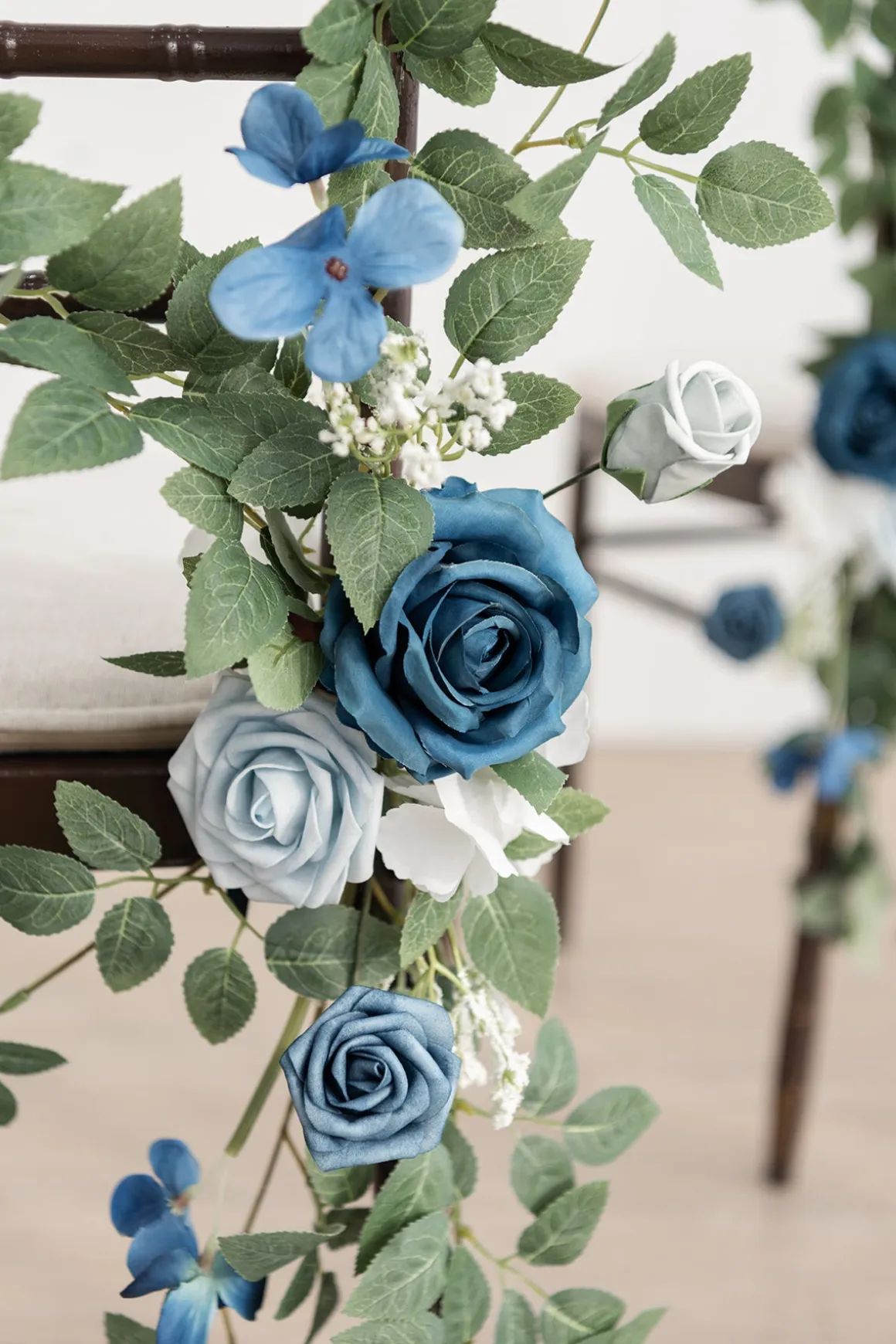 Wedding Aisle Chair Flower Decoration in Dusty Blue & Navy | Clearance
