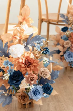 Wedding Aisle Runner Flower Arrangements in Russet Orange & Denim Blue | Clearance
