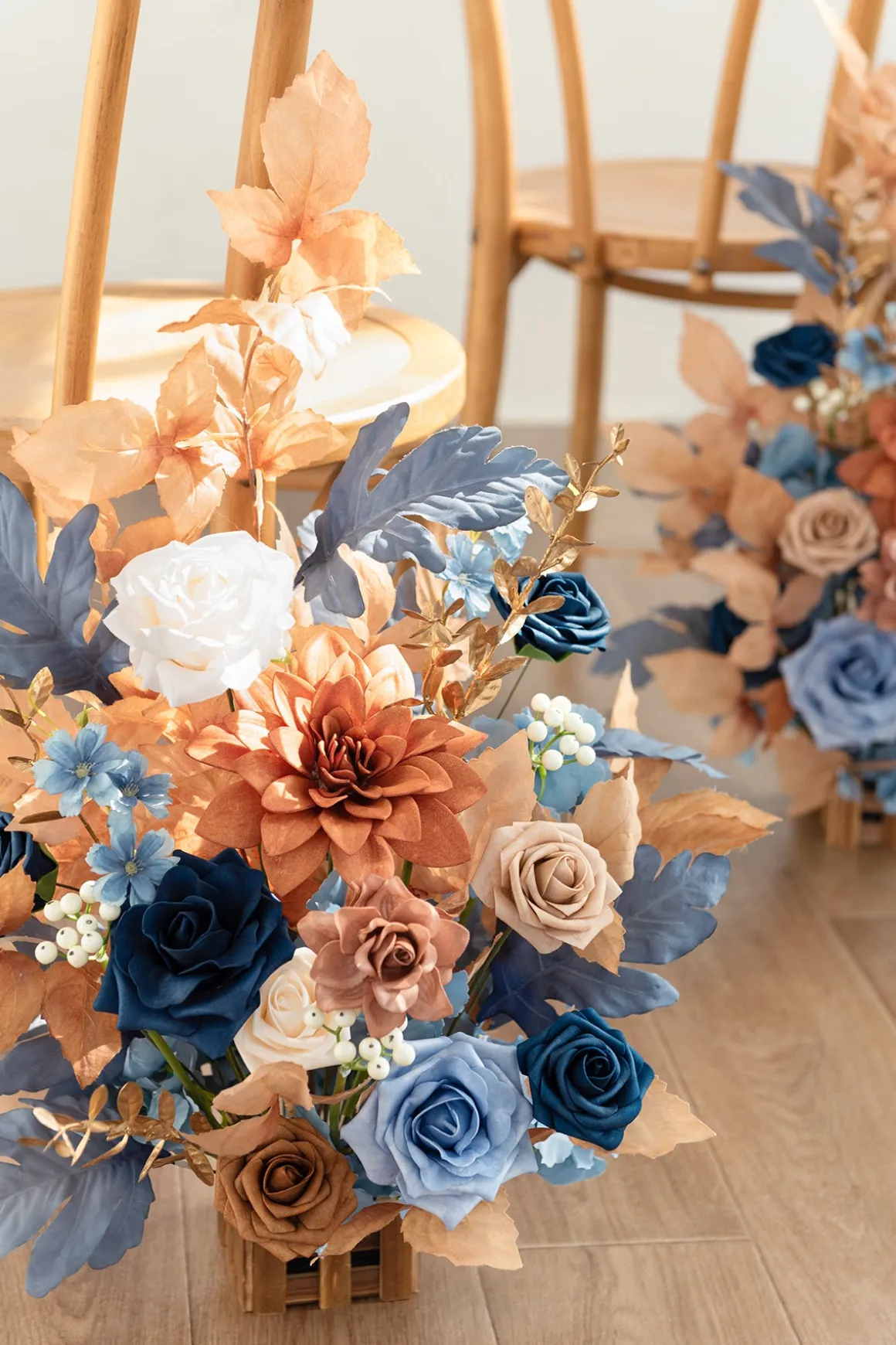 Wedding Aisle Runner Flower Arrangements in Russet Orange & Denim Blue | Clearance