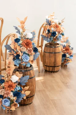 Wedding Aisle Runner Flower Arrangements in Russet Orange & Denim Blue | Clearance