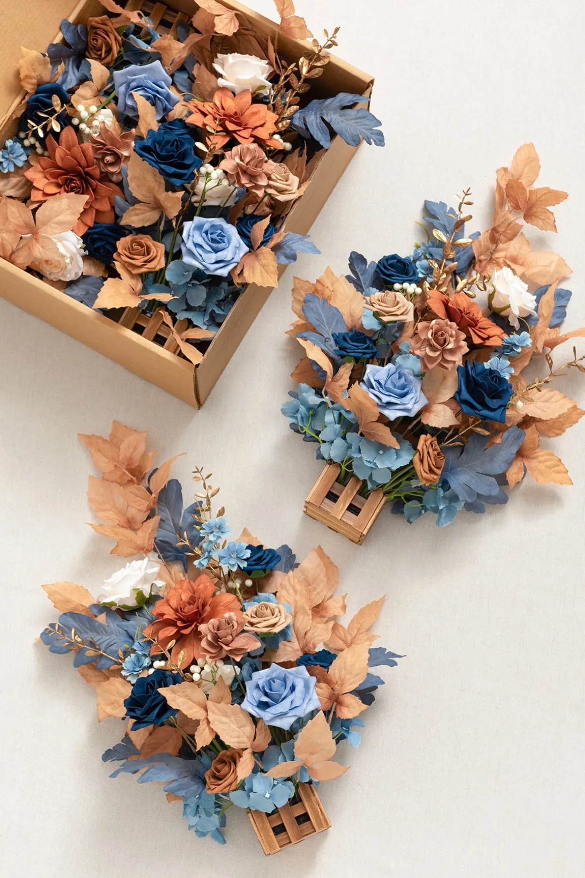 Wedding Aisle Runner Flower Arrangements in Russet Orange & Denim Blue | Clearance