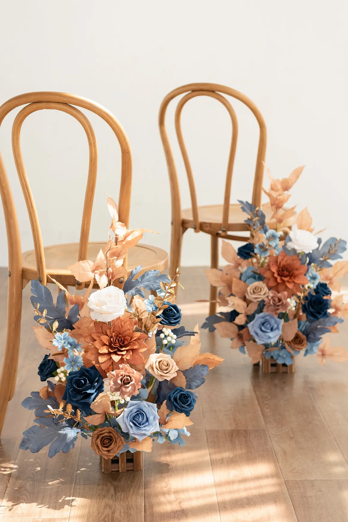 Wedding Aisle Runner Flower Arrangements in Russet Orange & Denim Blue | Clearance