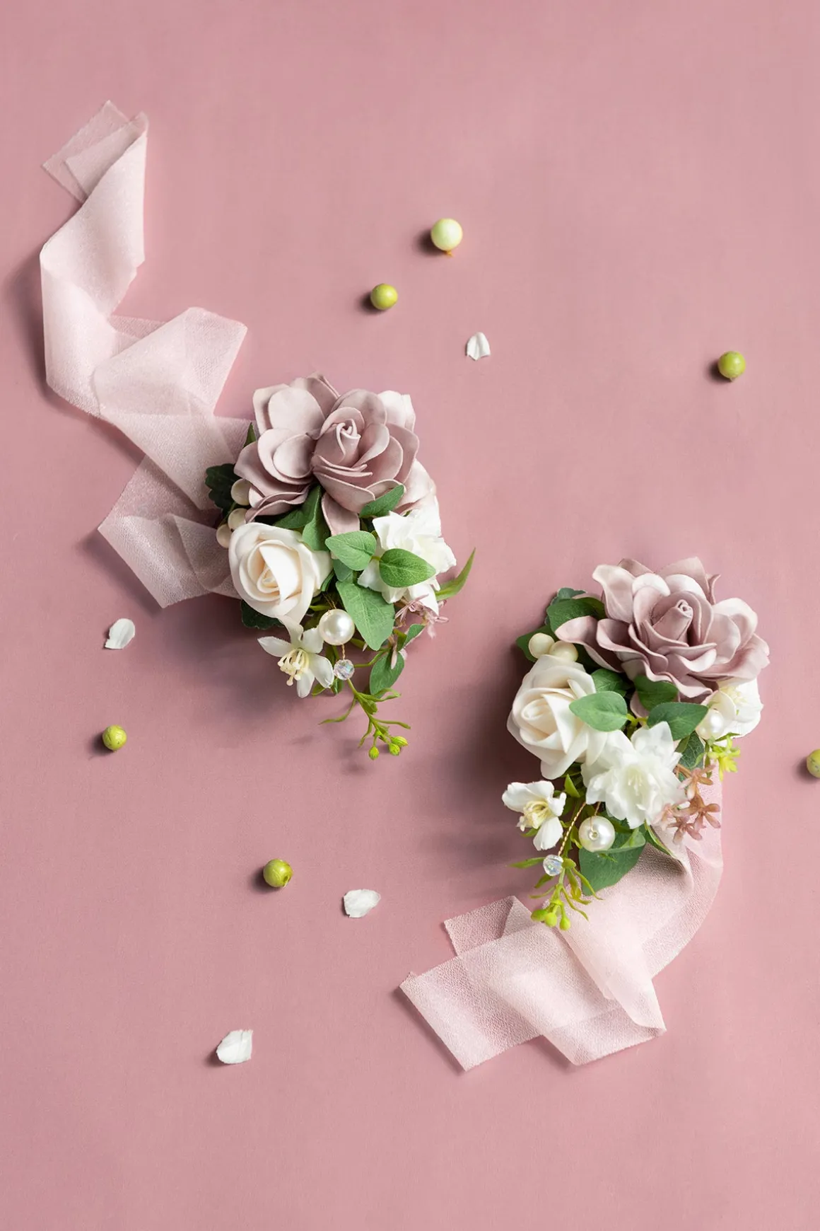 Wrist and Shoulder Corsages in Dusty Rose & Cream