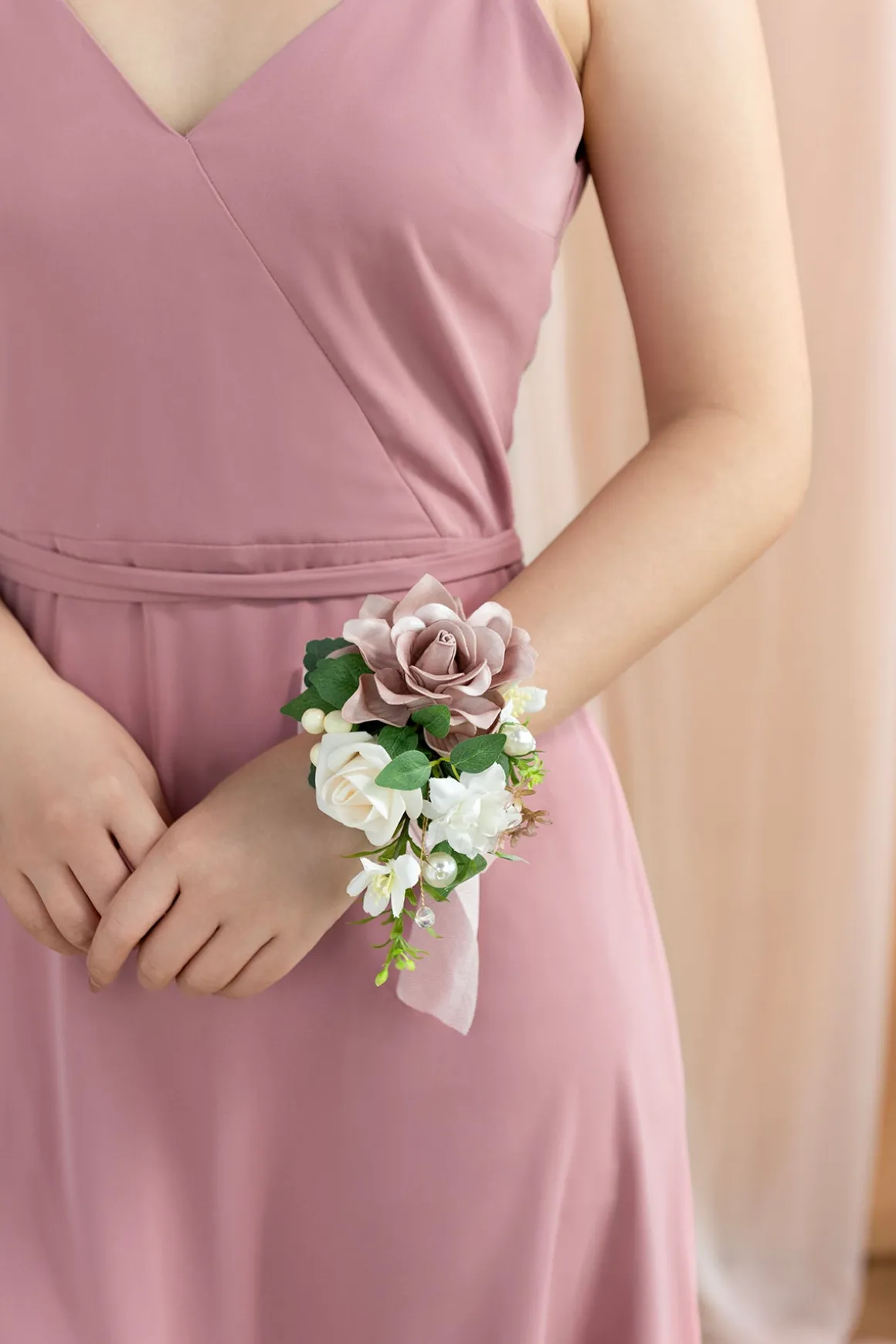 Wrist and Shoulder Corsages in Dusty Rose & Cream