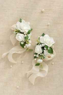 Wrist and Shoulder Corsages in White & Sage