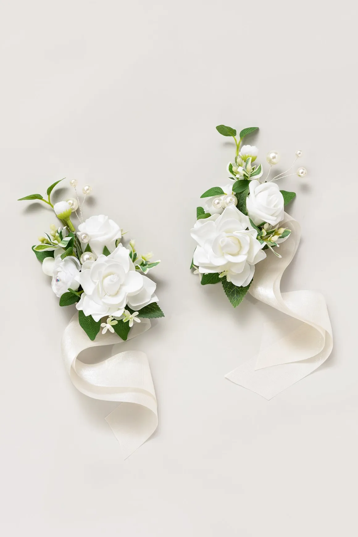 Wrist and Shoulder Corsages in White & Sage