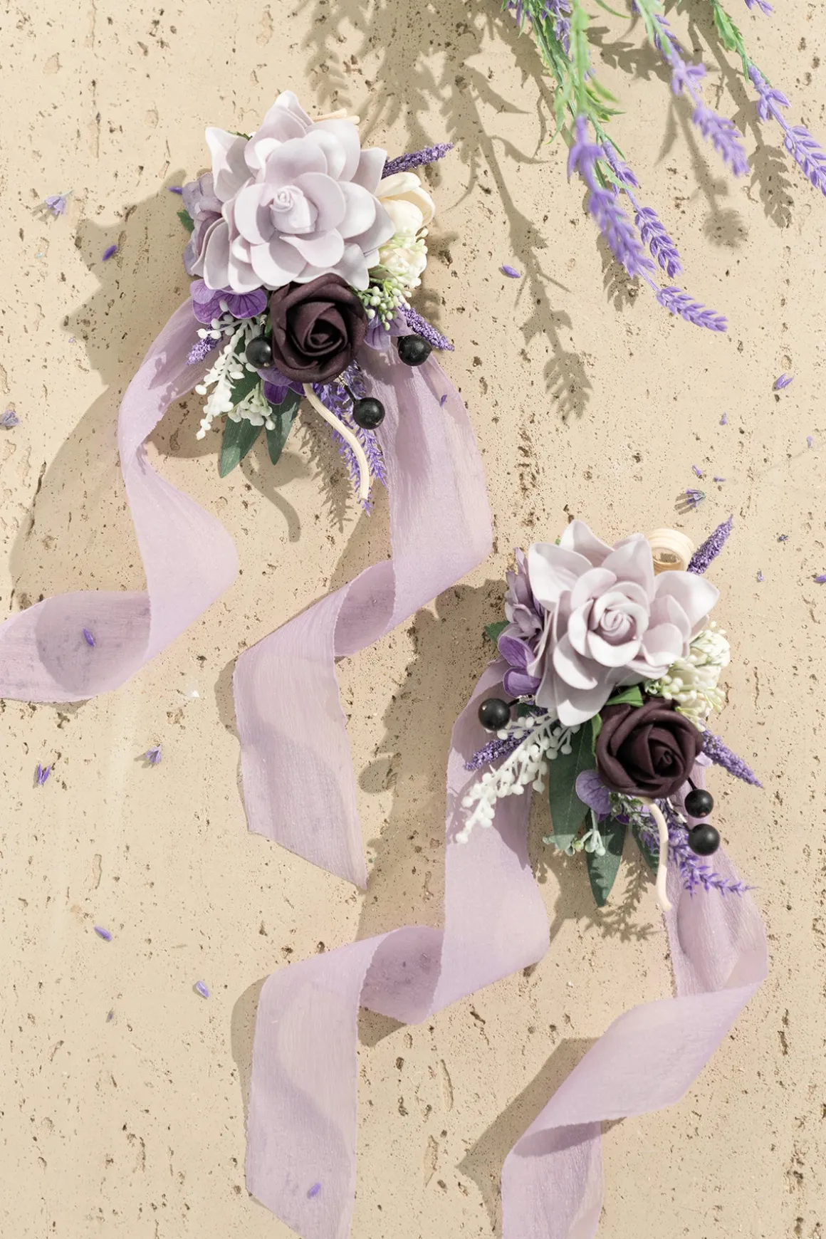 Wrist and Shoulder Corsages in French Lavender & Plum