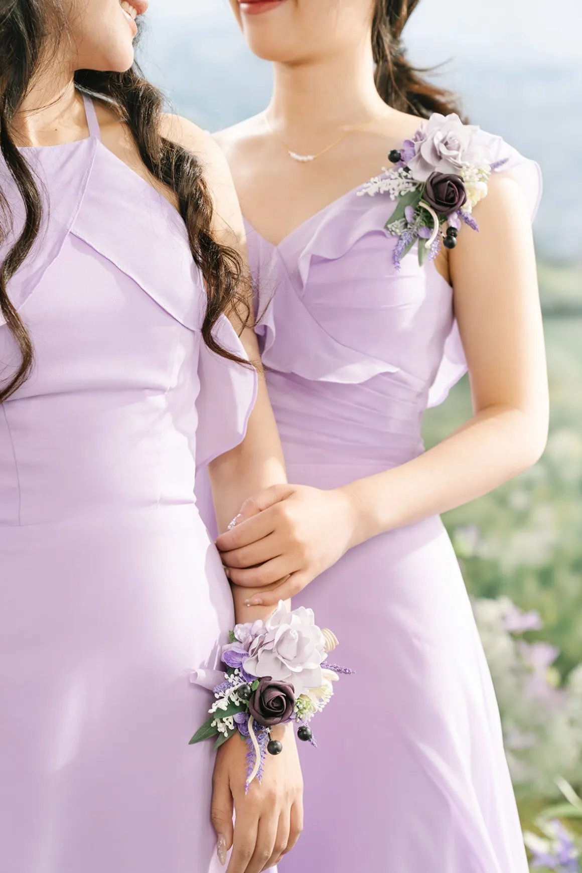 Wrist and Shoulder Corsages in French Lavender & Plum