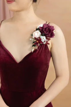 Wrist and Shoulder Corsages in Romantic Marsala