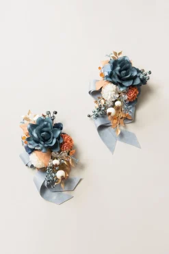 Wrist and Shoulder Corsages in Russet Orange & Denim Blue | Clearance