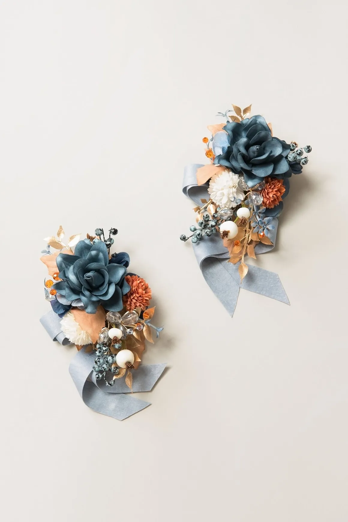 Wrist and Shoulder Corsages in Russet Orange & Denim Blue | Clearance