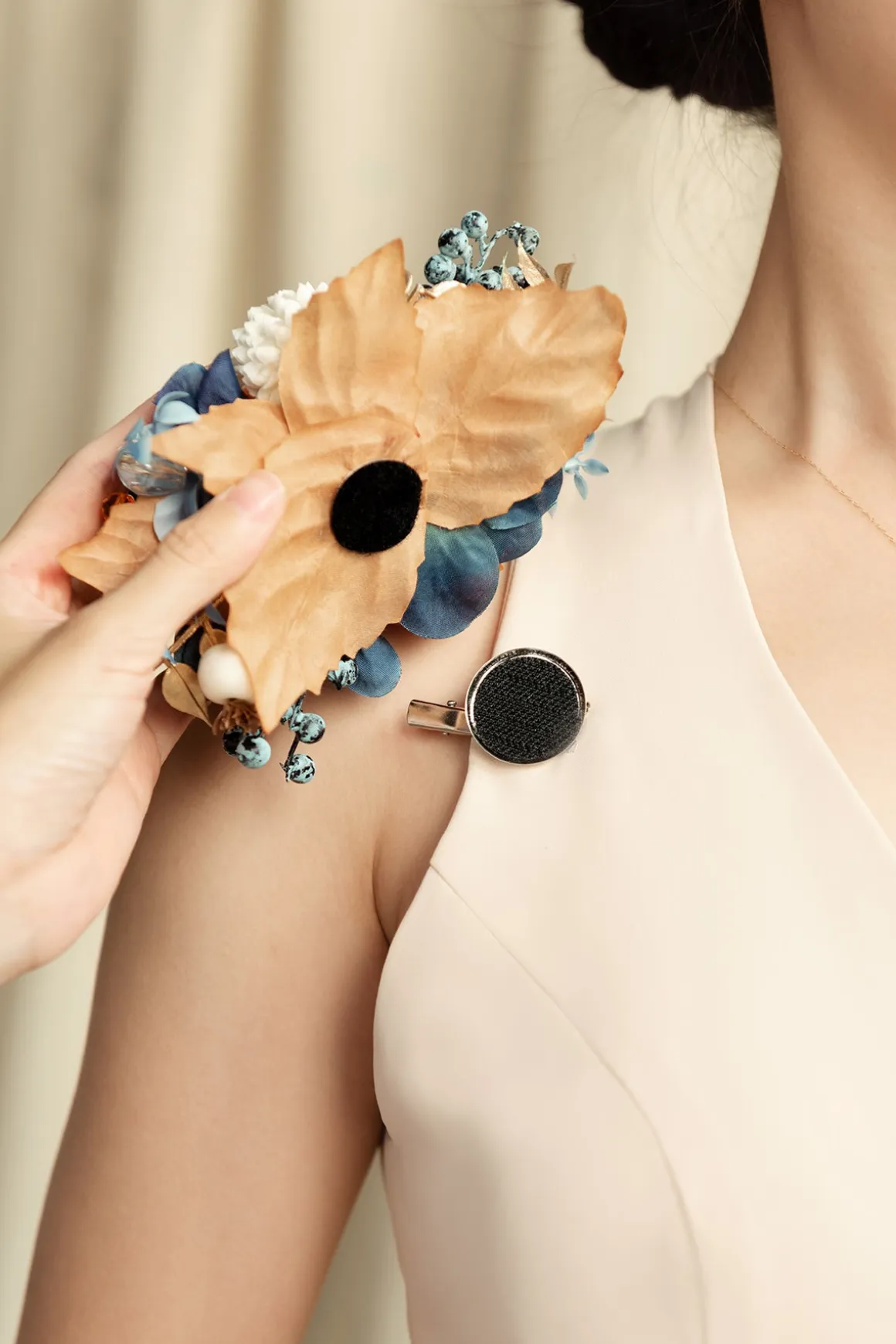 Wrist and Shoulder Corsages in Russet Orange & Denim Blue | Clearance