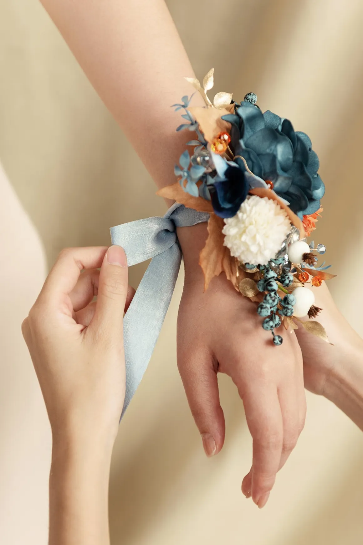 Wrist and Shoulder Corsages in Russet Orange & Denim Blue | Clearance