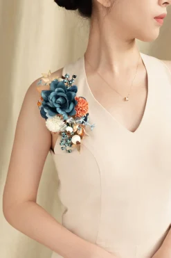 Wrist and Shoulder Corsages in Russet Orange & Denim Blue | Clearance