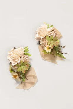 Wrist and Shoulder Corsages in Sand Beige & Olive Green | Clearance