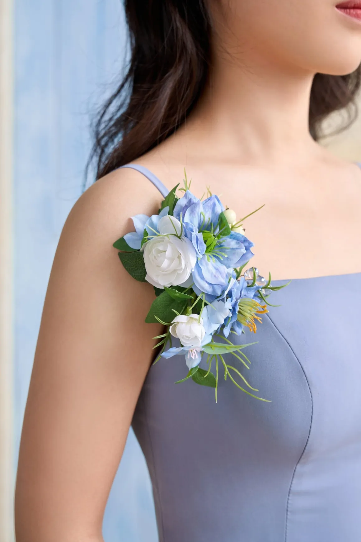 Wrist and Shoulder Corsages in Timeless French Blue & White | Clearance