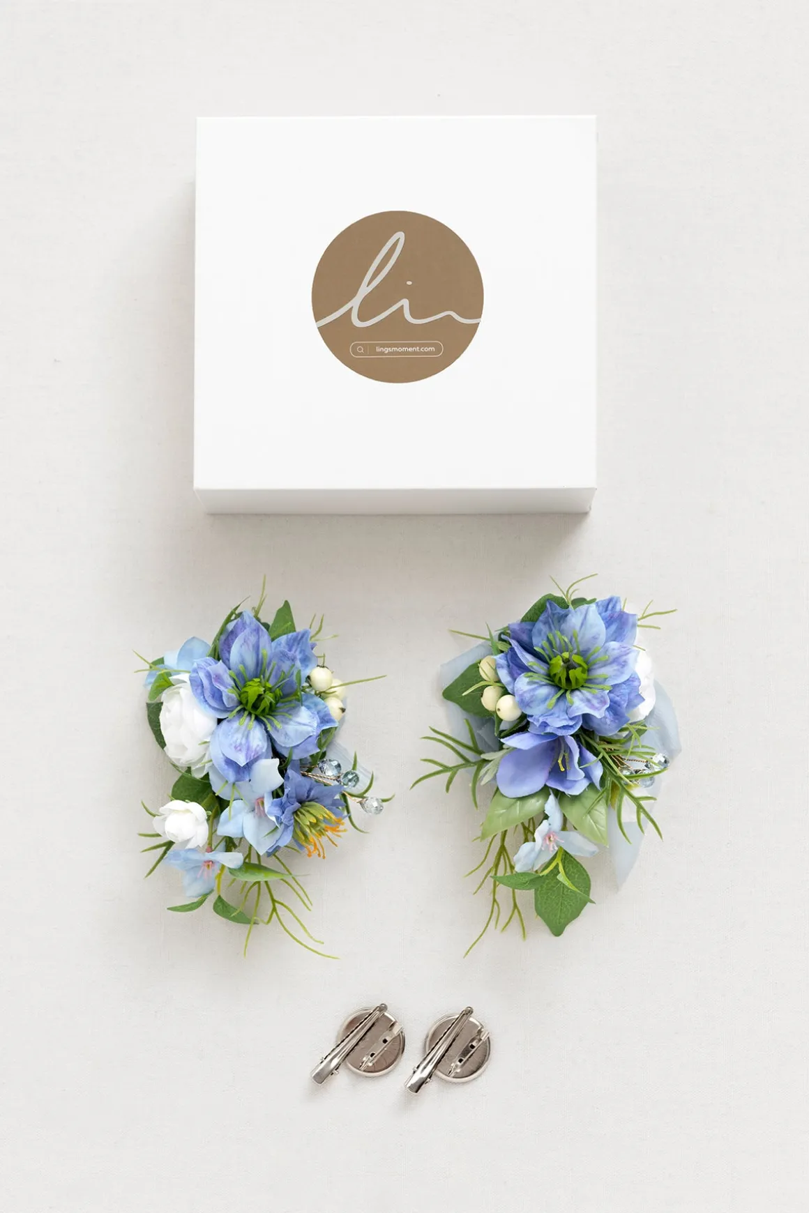 Wrist and Shoulder Corsages in Timeless French Blue & White | Clearance