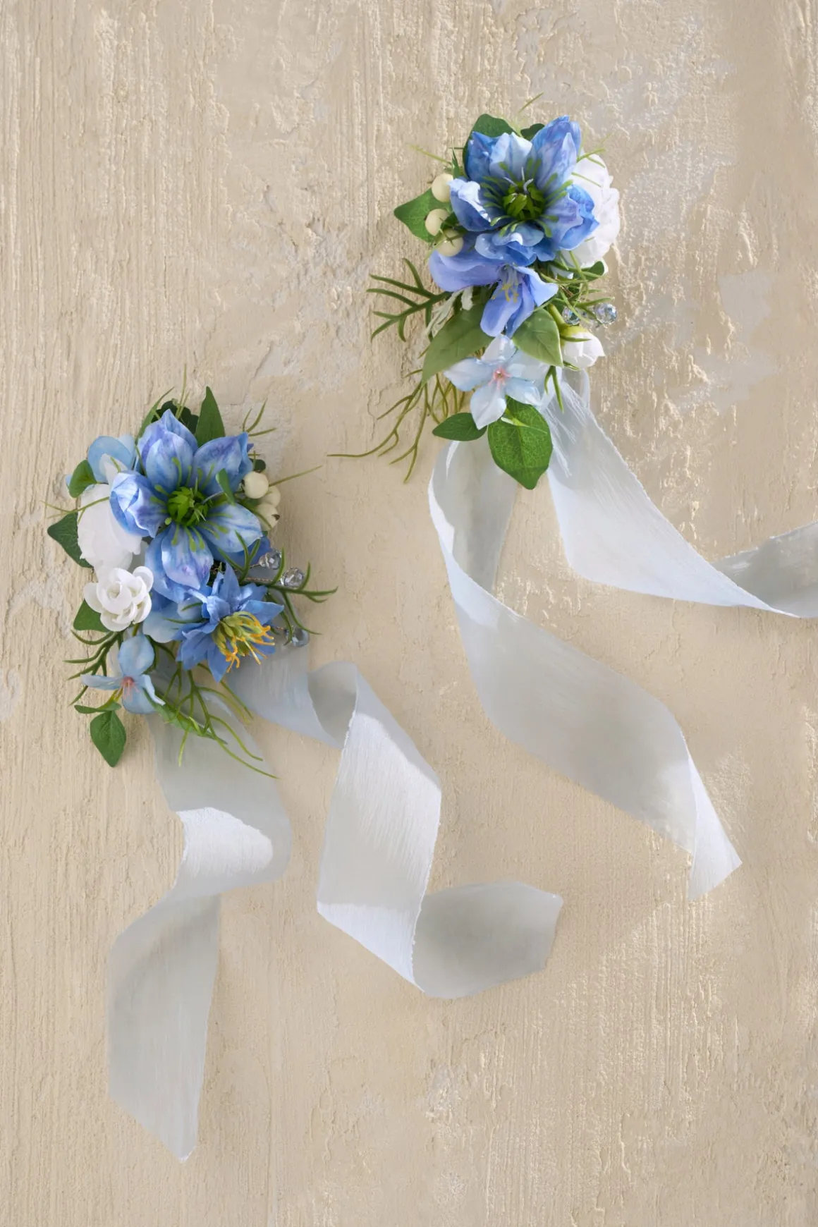 Wrist and Shoulder Corsages in Timeless French Blue & White | Clearance