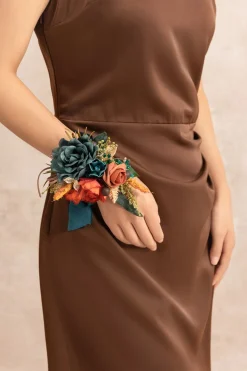 Wrist and Shoulder Corsages in Dark Teal & Burnt Orange (Set of 2)