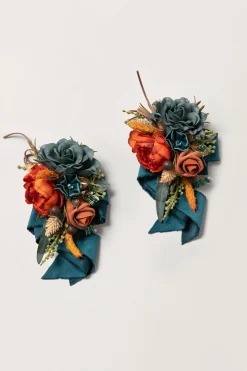 Wrist and Shoulder Corsages in Dark Teal & Burnt Orange (Set of 2)