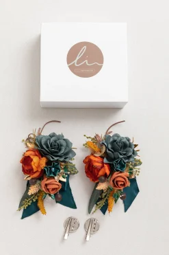Wrist and Shoulder Corsages in Dark Teal & Burnt Orange (Set of 2)