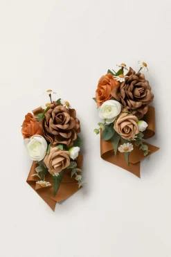 Wrist and Shoulder Corsages in Earth Brown & Burnt Orange & Sand Beige (Set of 2)