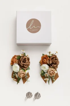 Wrist and Shoulder Corsages in Earth Brown & Burnt Orange & Sand Beige (Set of 2)